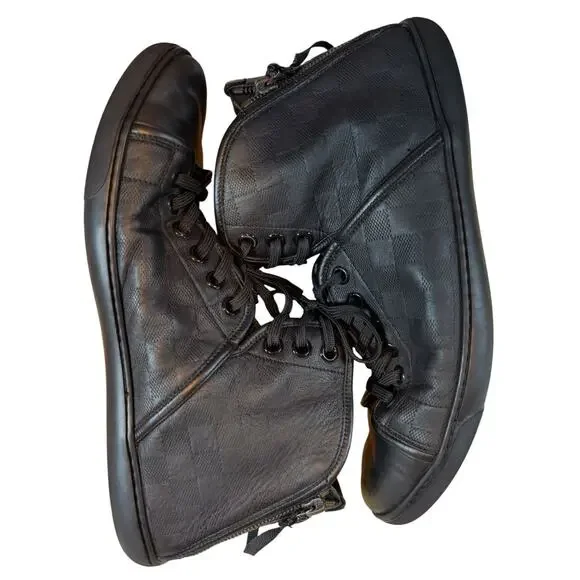 LOUIS VUITTON LV Damier High Top Sneakers Double Zip Black 9.5 Lace Up - Picture 2 of 14